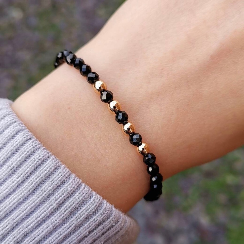 Black Tourmaline Beaded Bracelet 14k gold filled
